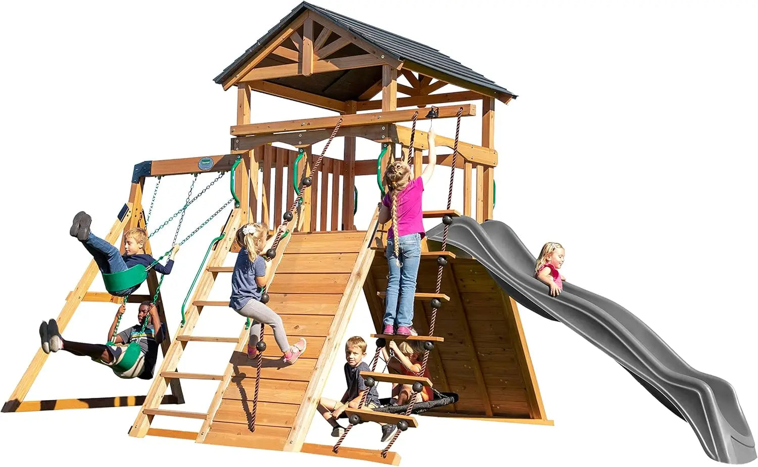 Wood Swing Set With Wave Slide