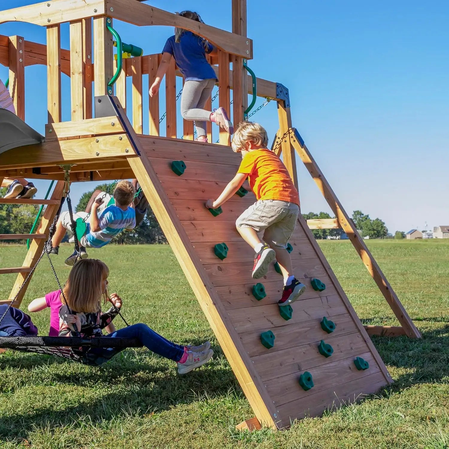 Wood Swing Set With Wave Slide
