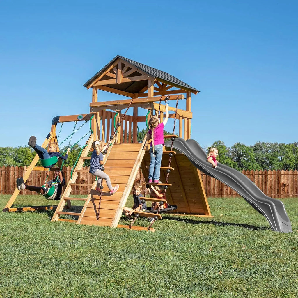 Wood Swing Set With Wave Slide