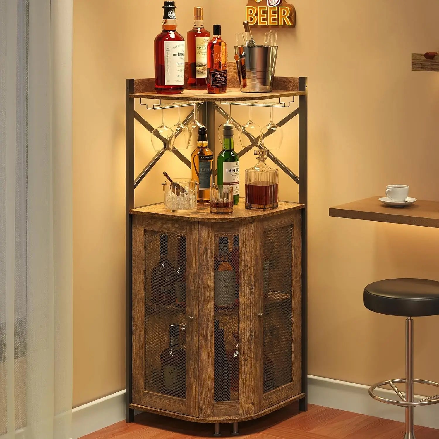 Corner Bar Cabinet with LED Lights